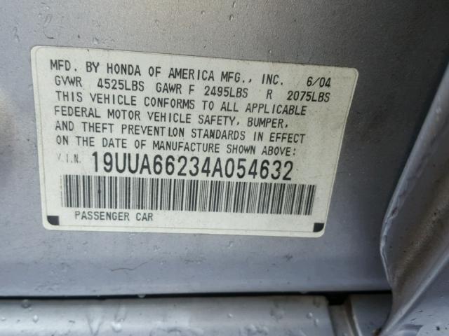 19UUA66234A054632 - 2004 ACURA TL SILVER photo 10