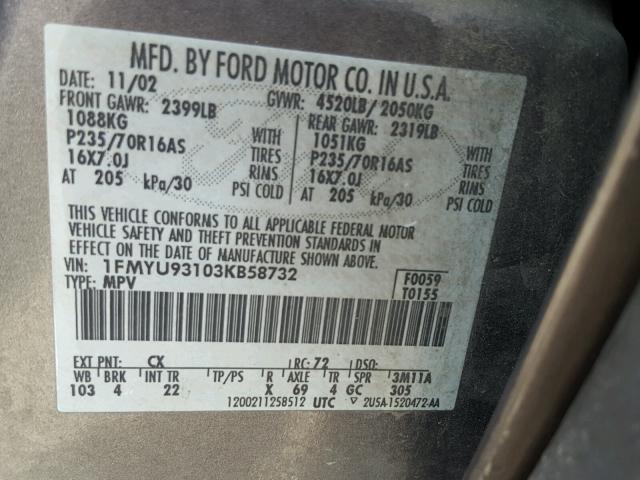 1FMYU93103KB58732 - 2003 FORD ESCAPE XLT GRAY photo 10