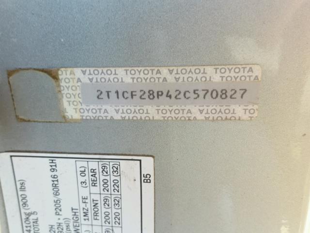 2T1CF28P42C570827 - 2002 TOYOTA CAMRY SOLA SILVER photo 10