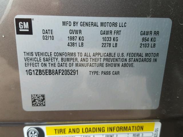 1G1ZB5EB8AF205291 - 2010 CHEVROLET MALIBU LS ყავისფერი ფოტო 10