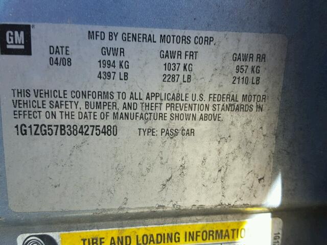 1G1ZG57B384275480 - 2008 CHEVROLET MALIBU LS BLUE photo 10