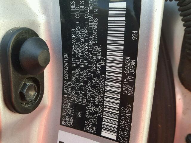 JTEBU17R38K002635 - 2008 TOYOTA 4RUNNER LT SILVER photo 10