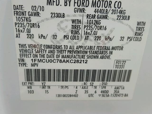 1FMCU0C78AKC28212 - 2010 FORD ESCAPE XLS WHITE photo 10