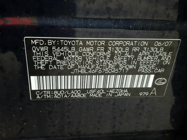 JTHBL46F675045717 - 2007 LEXUS LS 460 BLUE photo 10