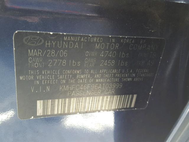 KMHFC46F96A103999 - 2006 HYUNDAI AZERA SE BLUE photo 10