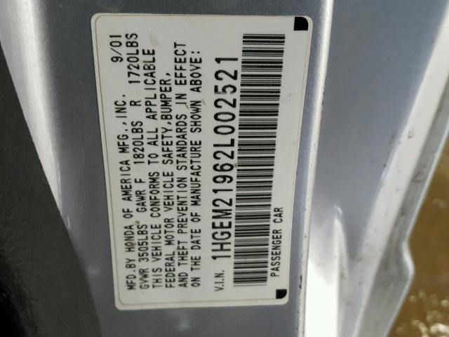 1HGEM21962L002521 - 2002 HONDA CIVIC EX ვერცხლისფერი ფოტო 10