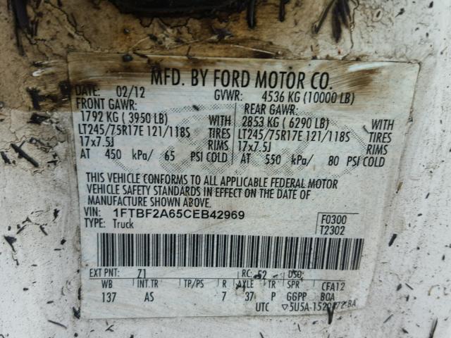 1FTBF2A65CEB42969 - 2012 FORD F250 SUPER WHITE photo 10