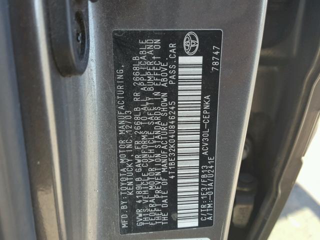 4T1BE32K04U846245 - 2004 TOYOTA CAMRY LE GRAY photo 10