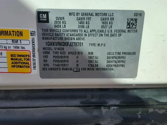 1GKKVRKD6FJ278701 - 2015 GMC ACADIA SLT 白色 照片 10