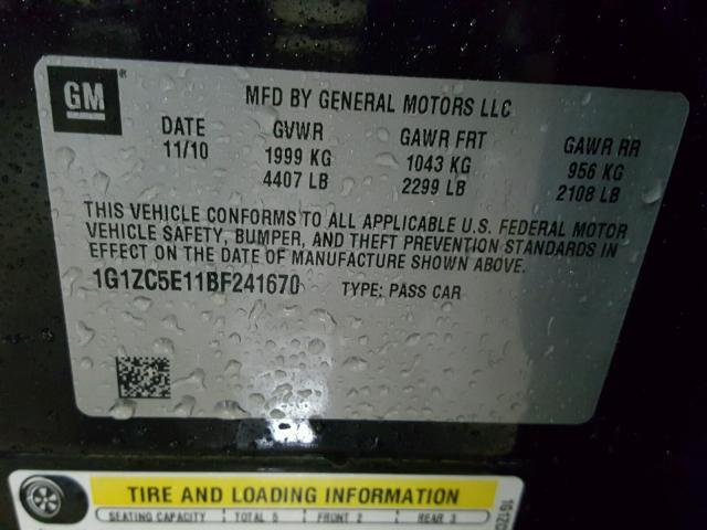 1G1ZC5E11BF241670 - 2011 CHEVROLET MALIBU 1LT 黑色 照片 10