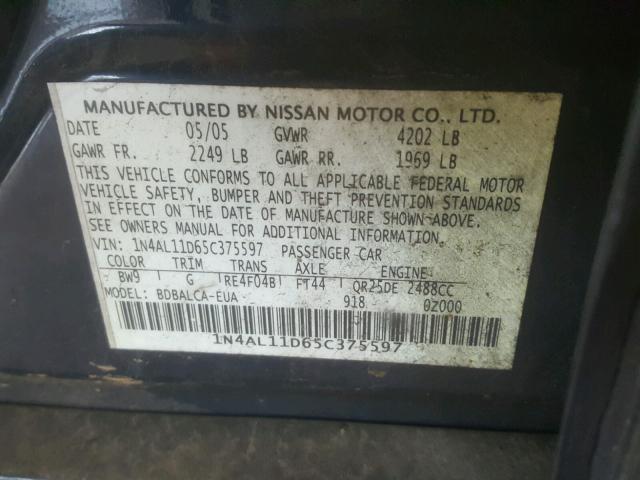 1N4AL11D65C375597 - 2005 NISSAN ALTIMA S BLUE photo 10