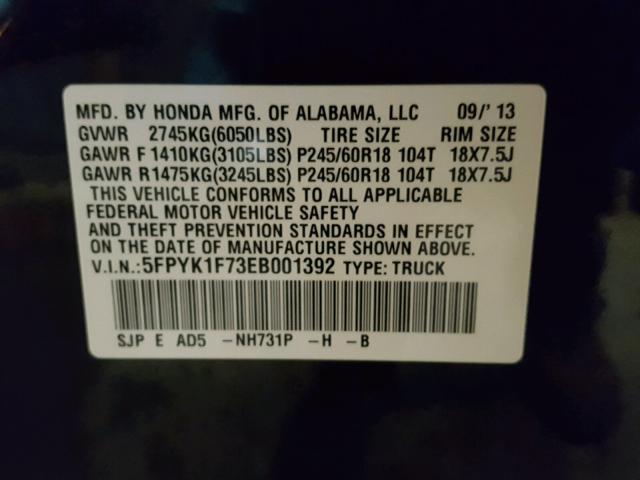 5FPYK1F73EB001392 - 2014 HONDA RIDGELINE BLACK photo 10