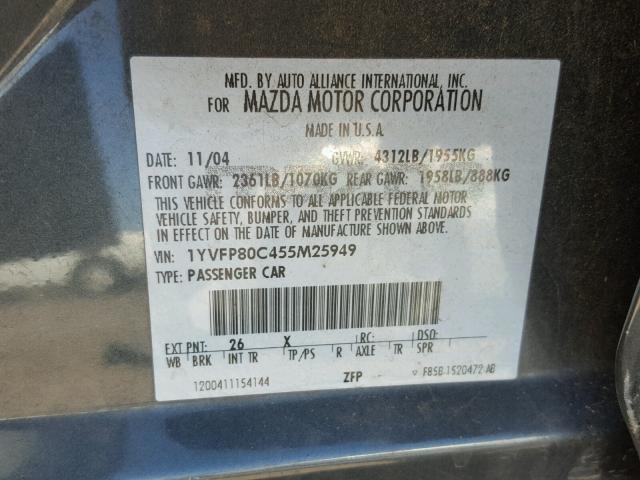 1YVFP80C455M25949 - 2005 MAZDA 6 I GRAY photo 10