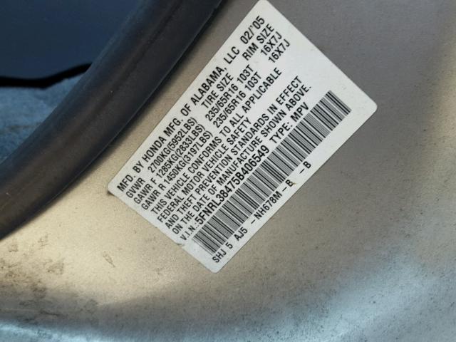 5FNRL38475B406549 - 2005 HONDA ODYSSEY EX SILVER photo 10