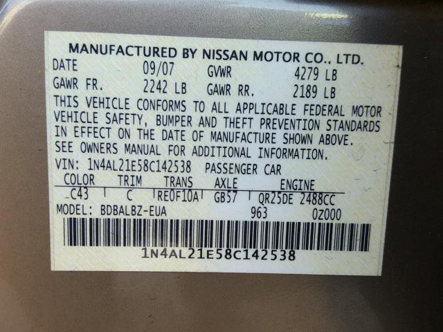 1N4AL21E58C142538 - 2008 NISSAN ALTIMA 2.5 BROWN photo 10