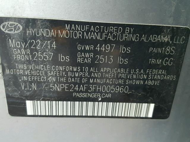 5NPE24AF3FH005960 - 2015 HYUNDAI SONATA SE SILVER photo 10