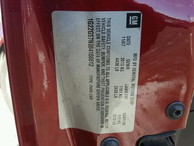 1G2ZG57N084166612 - 2008 PONTIAC G6 BASE RED photo 10