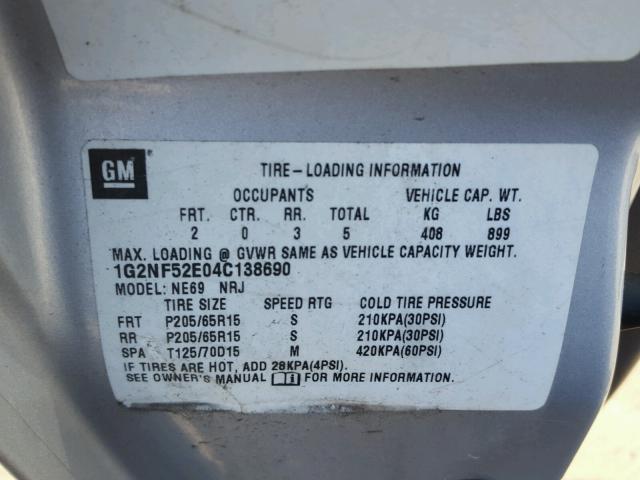 1G2NF52E04C138690 - 2004 PONTIAC GRAND AM S SILVER photo 10