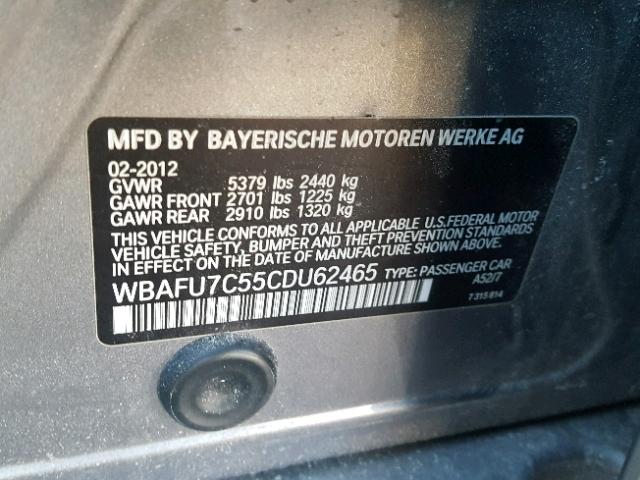 WBAFU7C55CDU62465 - 2012 BMW 535 XI GRAY photo 10