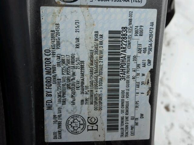 3FAHP0HA7AR228838 - 2010 FORD FUSION SE GRAY photo 10