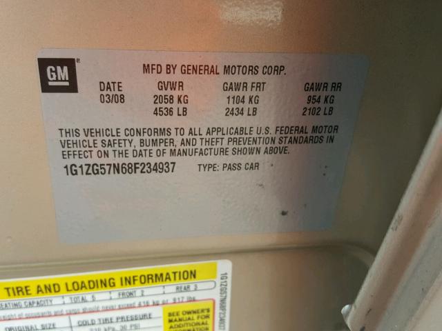 1G1ZG57N68F234937 - 2008 CHEVROLET MALIBU LS ოქროსფერი ფოტო 10