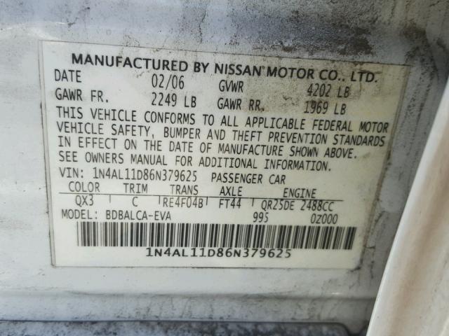 1N4AL11D86N379625 - 2006 NISSAN ALTIMA S WHITE photo 10