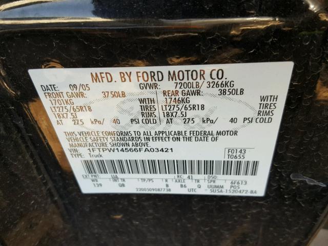 1FTPW14566FA03421 - 2006 FORD F150 SUPER BLACK photo 10