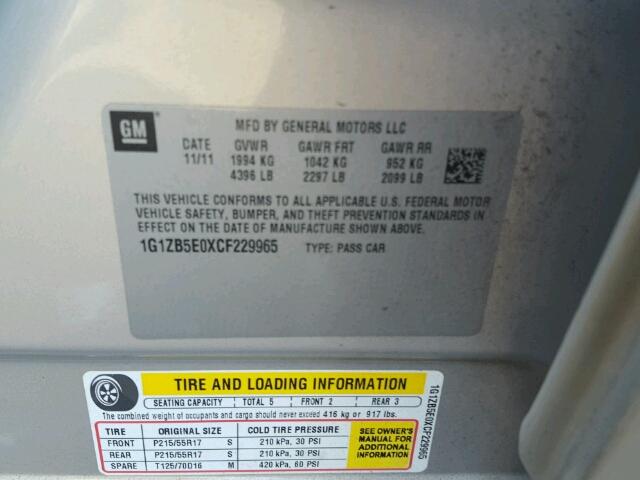 1G1ZB5E0XCF229965 - 2012 CHEVROLET MALIBU LS კრემისფერი ფოტო 10