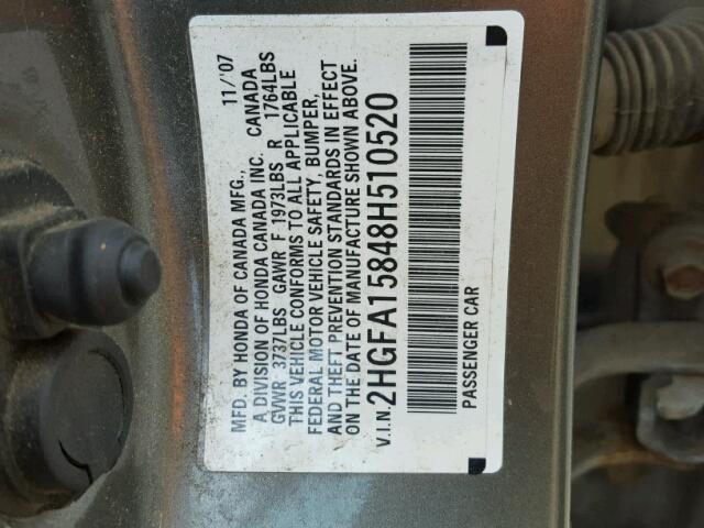 2HGFA15848H510520 - 2008 HONDA CIVIC EX თაფლისფერი ფოტო 10