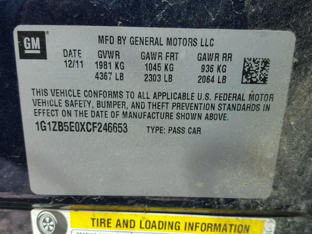 1G1ZB5E0XCF246653 - 2012 CHEVROLET MALIBU LS ლურჯი ფოტო 10