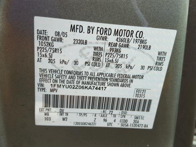 1FMYU02Z06KA74417 - 2006 FORD ESCAPE XLS GREEN photo 10