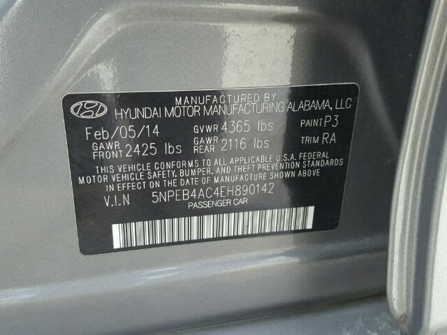 5NPEB4AC4EH890142 - 2014 HYUNDAI SONATA GLS GRAY photo 10