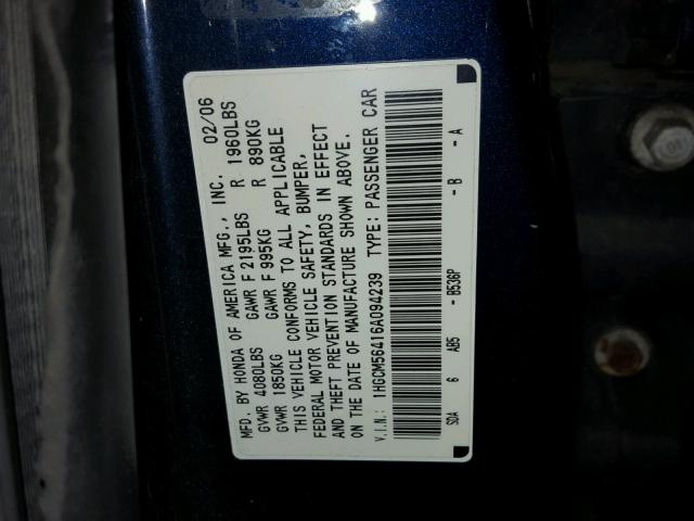 1HGCM56416A094239 - 2006 HONDA ACCORD LX BLUE photo 10