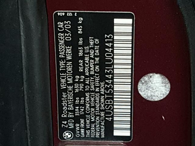 4USBT53443LU04413 - 2003 BMW Z4 3.0 BURGUNDY photo 10