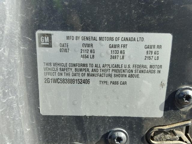 2G1WC583889152406 - 2008 CHEVROLET IMPALA LT GRAY photo 10