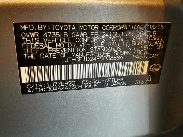 JTHCE1D24F5008886 - 2015 LEXUS IS 350 SILVER photo 10