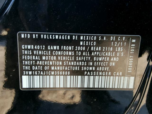 3VW1K7AJ1CM356888 - 2012 VOLKSWAGEN JETTA BASE BLACK photo 10
