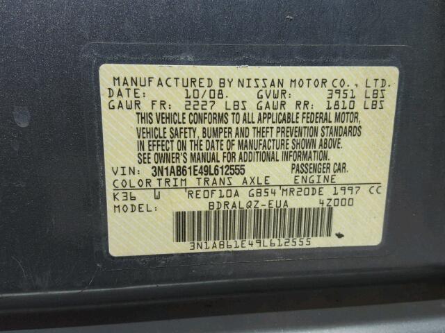 3N1AB61E49L612555 - 2009 NISSAN SENTRA 2.0 GRAY photo 10