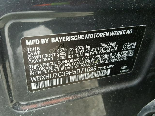 WBXHU7C39H5D71698 - 2017 BMW X1 SDRIVE2 GRAY photo 10