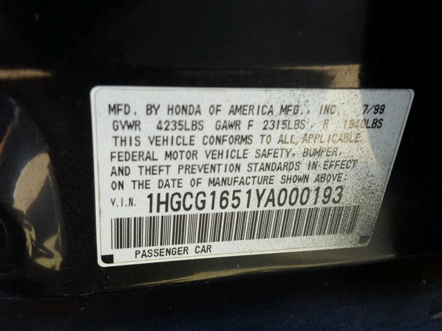 1HGCG1651YA000193 - 2000 HONDA ACCORD EX BLACK photo 10