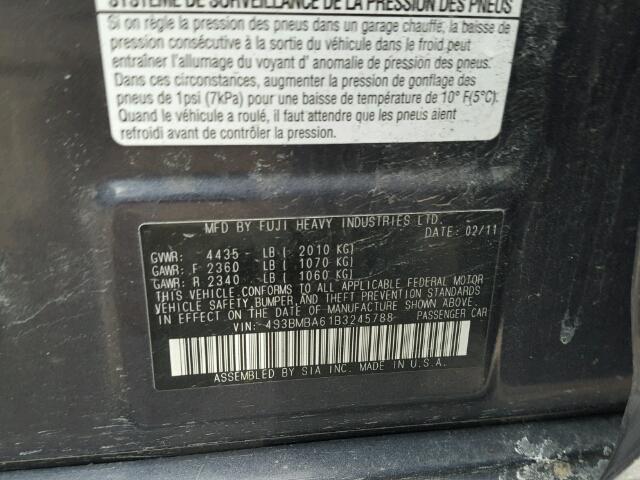 4S3BMBA61B3245788 - 2011 SUBARU LEGACY 2.5 GRAY photo 10