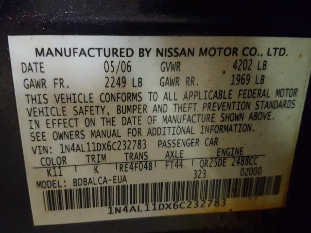 1N4AL11DX6C232783 - 2006 NISSAN ALTIMA S GRAY photo 10