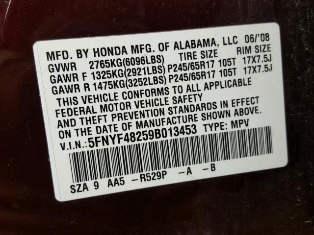 5FNYF48259B013453 - 2009 HONDA PILOT LX MAROON photo 10