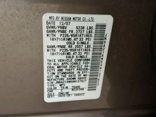 JN8AZ18W89W107627 - 2009 NISSAN MURANO S BROWN photo 10