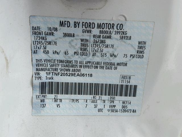 1FTNF20529EA06118 - 2009 FORD F250 SUPER WHITE photo 10