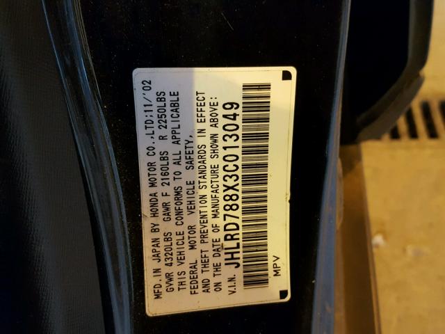 JHLRD788X3C013049 - 2003 HONDA CR-V EX BLACK photo 10