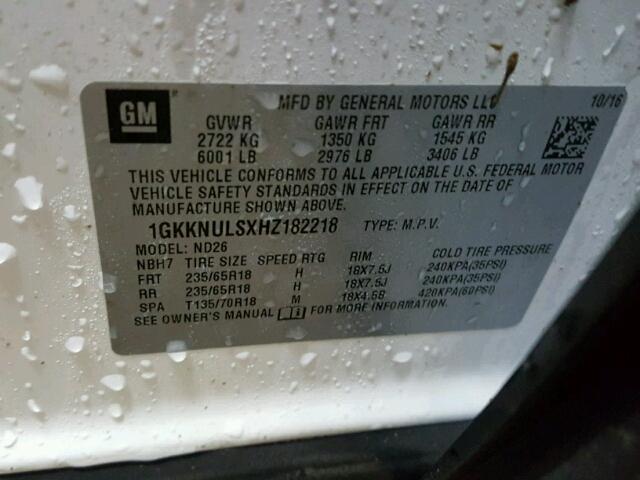 1GKKNULSXHZ182218 - 2017 GMC ACADIA SLT თეთრი ფოტო 10