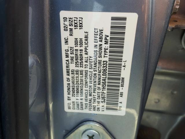 5J6TF1H56AL006333 - 2010 HONDA ACCORD CRO BLUE photo 10