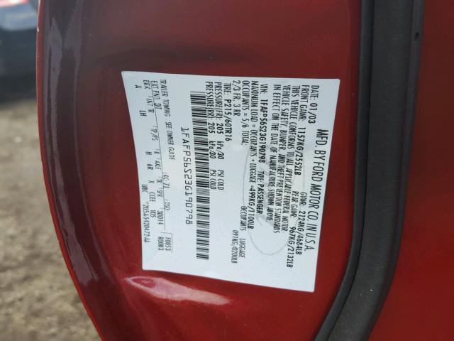 1FAFP56S23G190798 - 2003 FORD TAURUS SEL RED photo 10