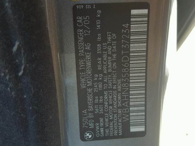 WBAHN83586DT37234 - 2006 BMW 750 LI GRAY photo 10